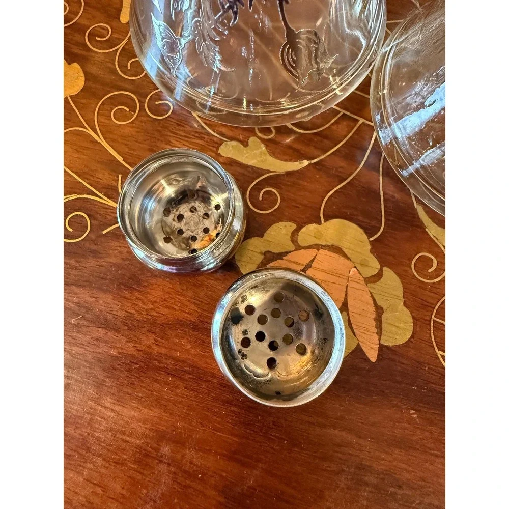 Vintage Silver Overlay Salt‎ & Pepper Shakers, Floral Glass Set